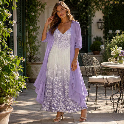 ⭐👗 Conjunto de vestido maxi floral e casaco de malha – Patchwork de renda e saia esvoaçante para uma elegância natural ✨
