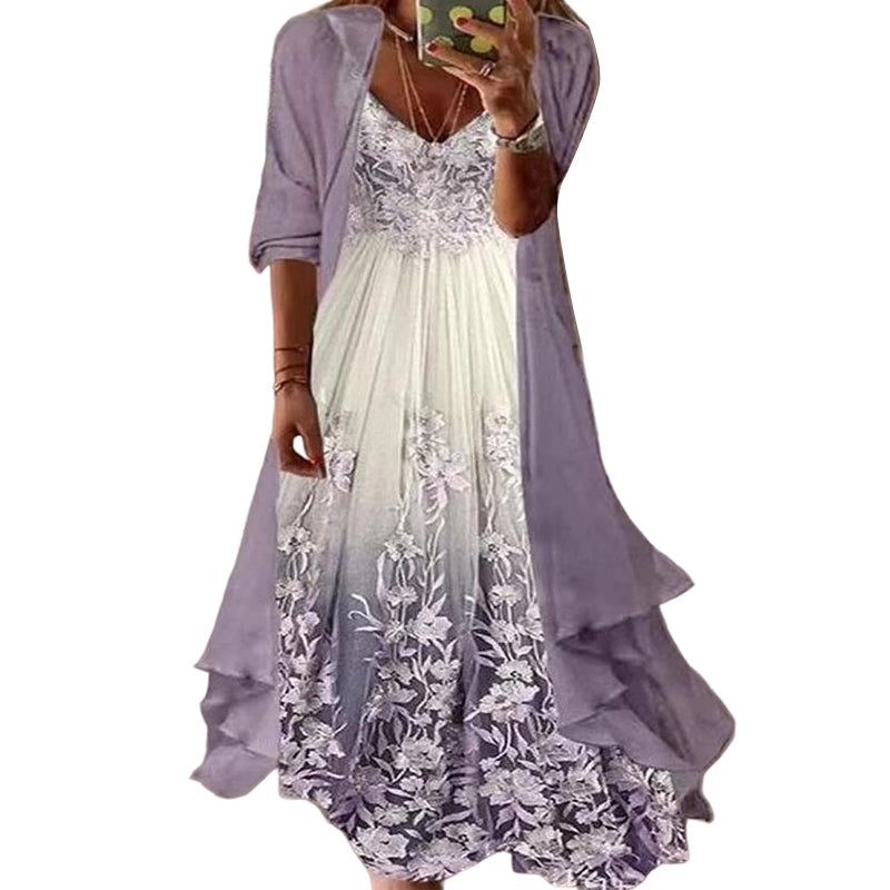 ⭐👗 Conjunto de vestido maxi floral e casaco de malha – Patchwork de renda e saia esvoaçante para uma elegância natural ✨