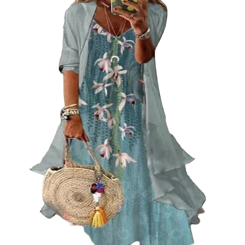 ⭐👗 Conjunto de vestido maxi floral e casaco de malha – Patchwork de renda e saia esvoaçante para uma elegância natural ✨