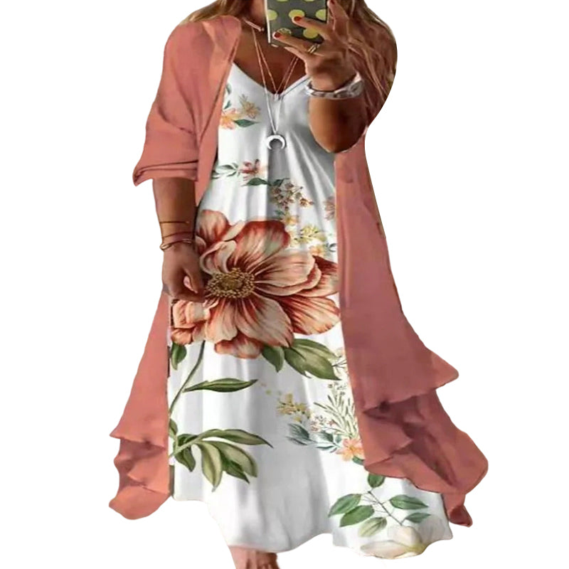 ⭐👗 Conjunto de vestido maxi floral e casaco de malha – Patchwork de renda e saia esvoaçante para uma elegância natural ✨
