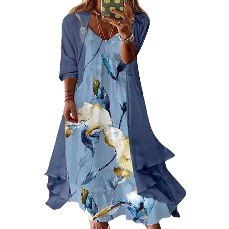 ⭐👗 Conjunto de vestido maxi floral e casaco de malha – Patchwork de renda e saia esvoaçante para uma elegância natural ✨