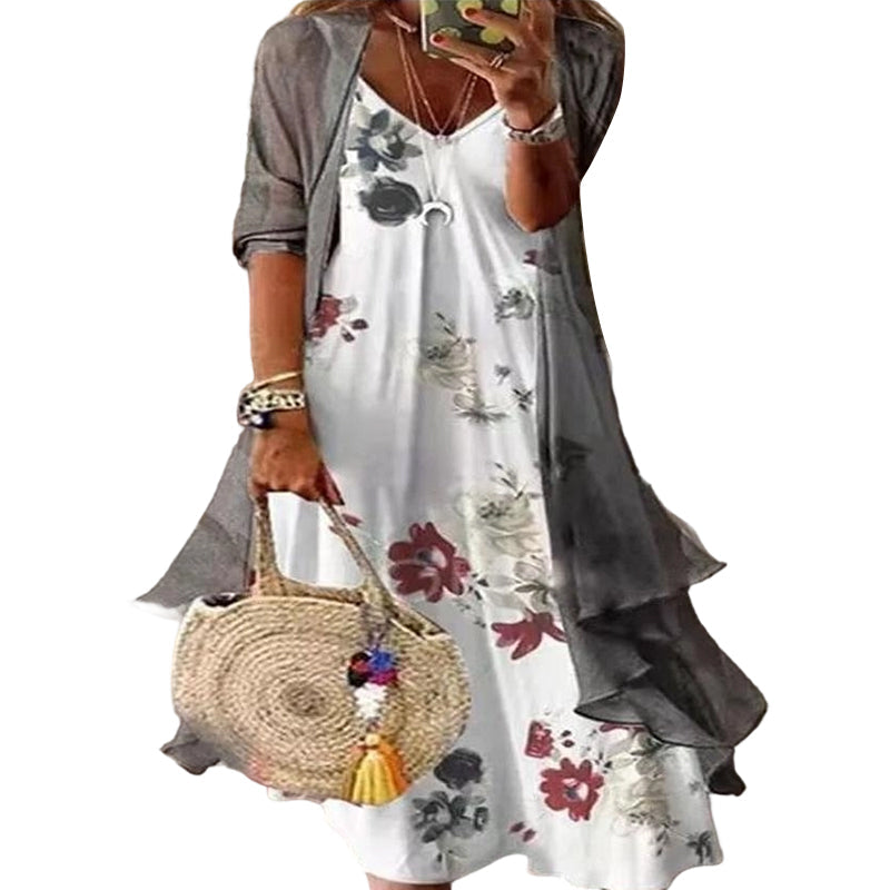 ⭐👗 Conjunto de vestido maxi floral e casaco de malha – Patchwork de renda e saia esvoaçante para uma elegância natural ✨