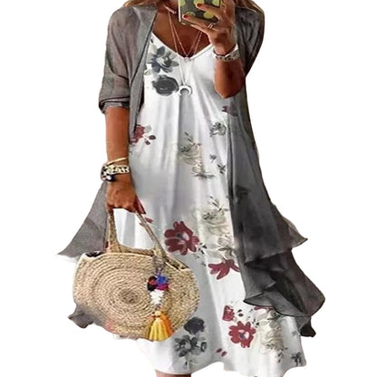 ⭐👗 Conjunto de vestido maxi floral e casaco de malha – Patchwork de renda e saia esvoaçante para uma elegância natural ✨