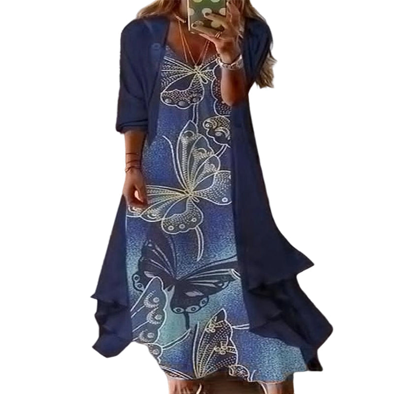 ⭐👗 Conjunto de vestido maxi floral e casaco de malha – Patchwork de renda e saia esvoaçante para uma elegância natural ✨
