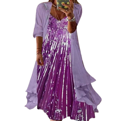 ⭐👗 Conjunto de vestido maxi floral e casaco de malha – Patchwork de renda e saia esvoaçante para uma elegância natural ✨