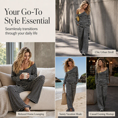 ✨👗Conjunto de roupa de estar em casa com riscas, descontraído