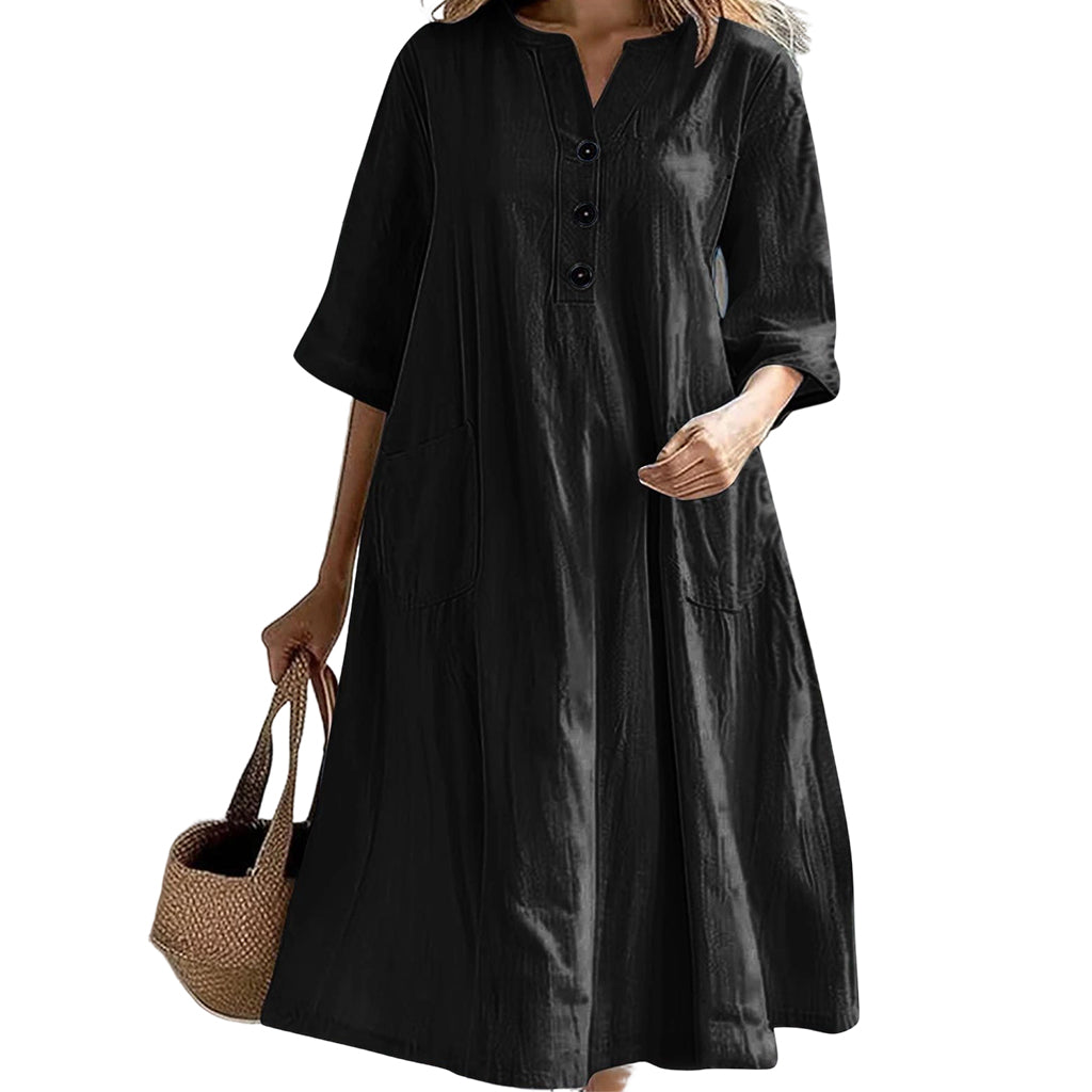 ✨👗Vestido midi feminino de corte em A, de tamanho grande, com bolsos
