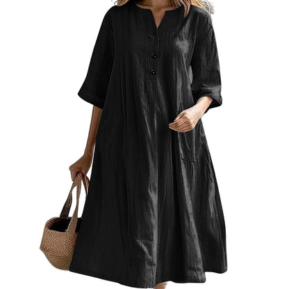 ✨👗Vestido midi feminino de corte em A, de tamanho grande, com bolsos