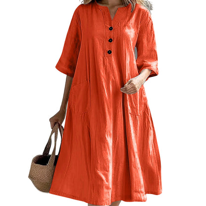 ✨👗Vestido midi feminino de corte em A, de tamanho grande, com bolsos