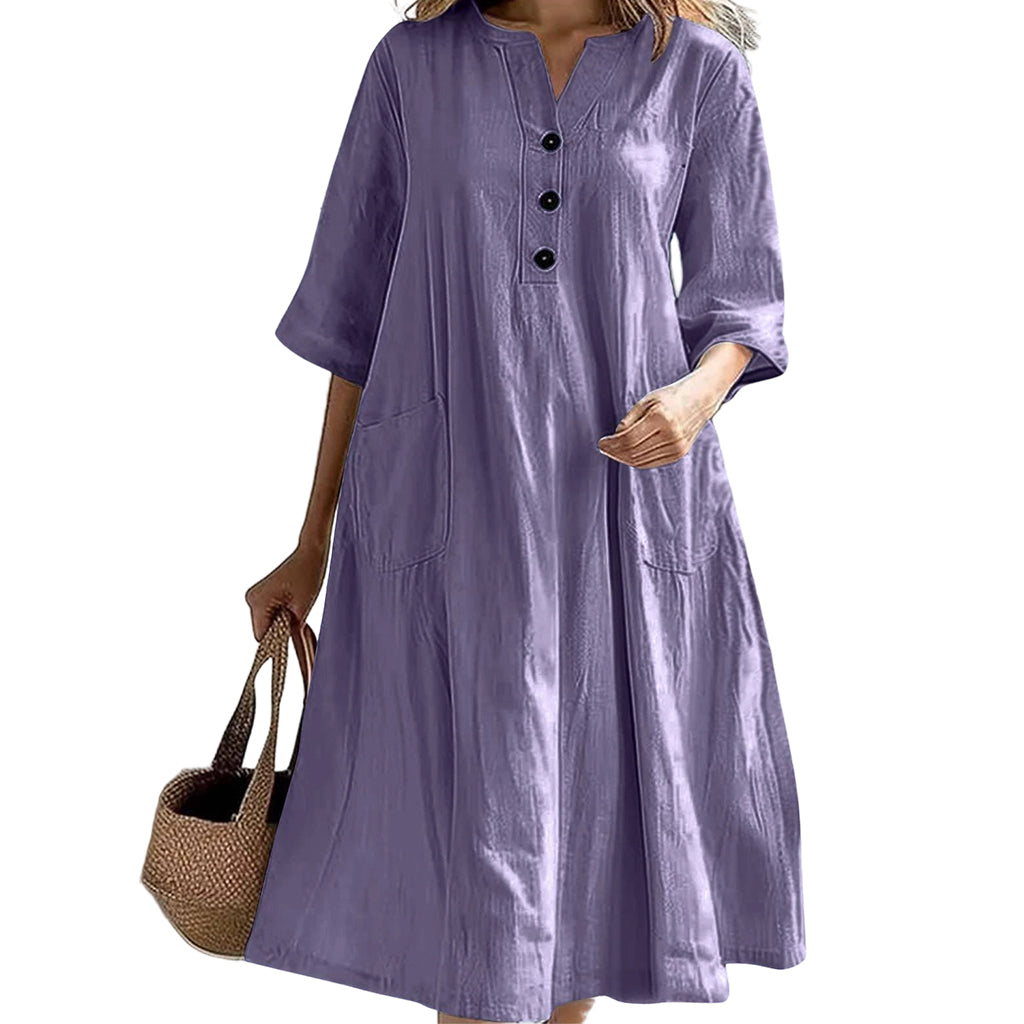 ✨👗Vestido midi feminino de corte em A, de tamanho grande, com bolsos