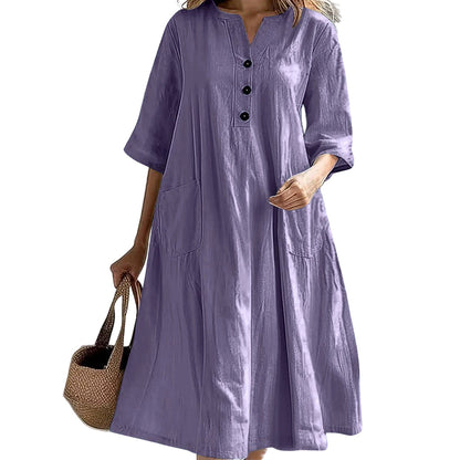 ✨👗Vestido midi feminino de corte em A, de tamanho grande, com bolsos
