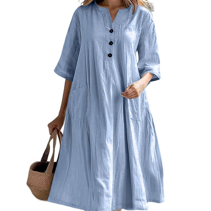✨👗Vestido midi feminino de corte em A, de tamanho grande, com bolsos