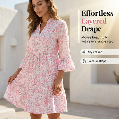 ✨👗Vestido feminino com estampa floral, decote em V e camadas