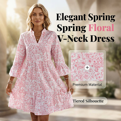 ✨👗Vestido feminino com estampa floral, decote em V e camadas