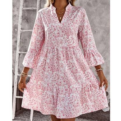 ✨👗Vestido feminino com estampa floral, decote em V e camadas
