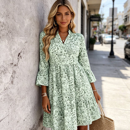 ✨👗Vestido feminino com estampa floral, decote em V e camadas