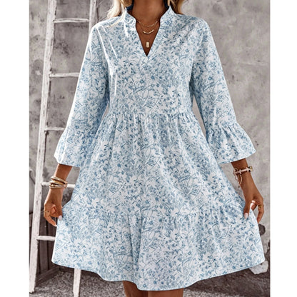 ✨👗Vestido feminino com estampa floral, decote em V e camadas