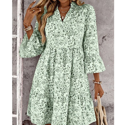 ✨👗Vestido feminino com estampa floral, decote em V e camadas