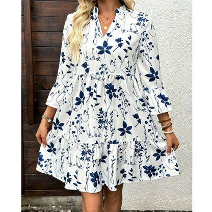 ✨👗Vestido feminino com estampa floral, decote em V e camadas