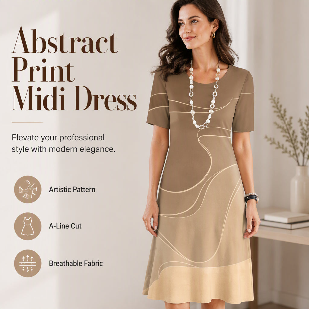 ✨👗Vestido em linha A com estampado abstrato de ondas – Silhueta lisonjeadora e versátil