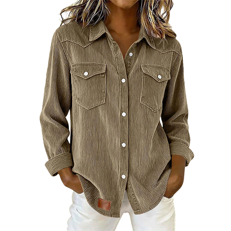 ✨👚Top com bolsos com aba e botões na frente – Malha canelada macia e design intemporal para um conforto diário