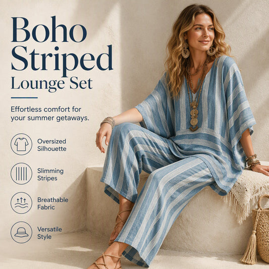 ✨👗Conjunto casual de duas peças para mulher, com corte largo e decote em V, às riscas