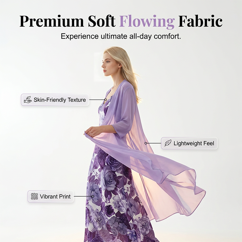 ✨👗Conjunto de vestido feminino esvoaçante estampado com sobrevestido