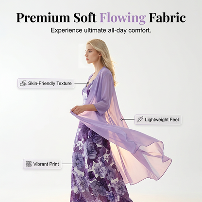 ✨👗Conjunto de vestido feminino esvoaçante estampado com sobrevestido