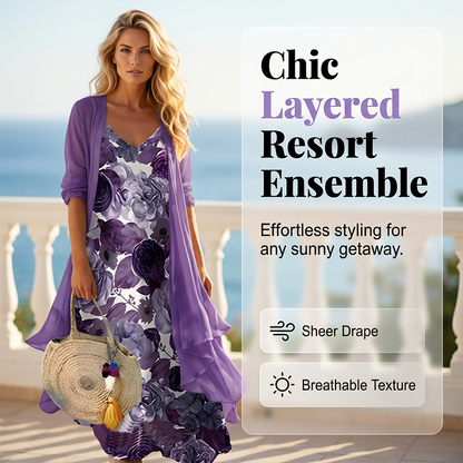 ✨👗Conjunto de vestido feminino esvoaçante estampado com sobrevestido