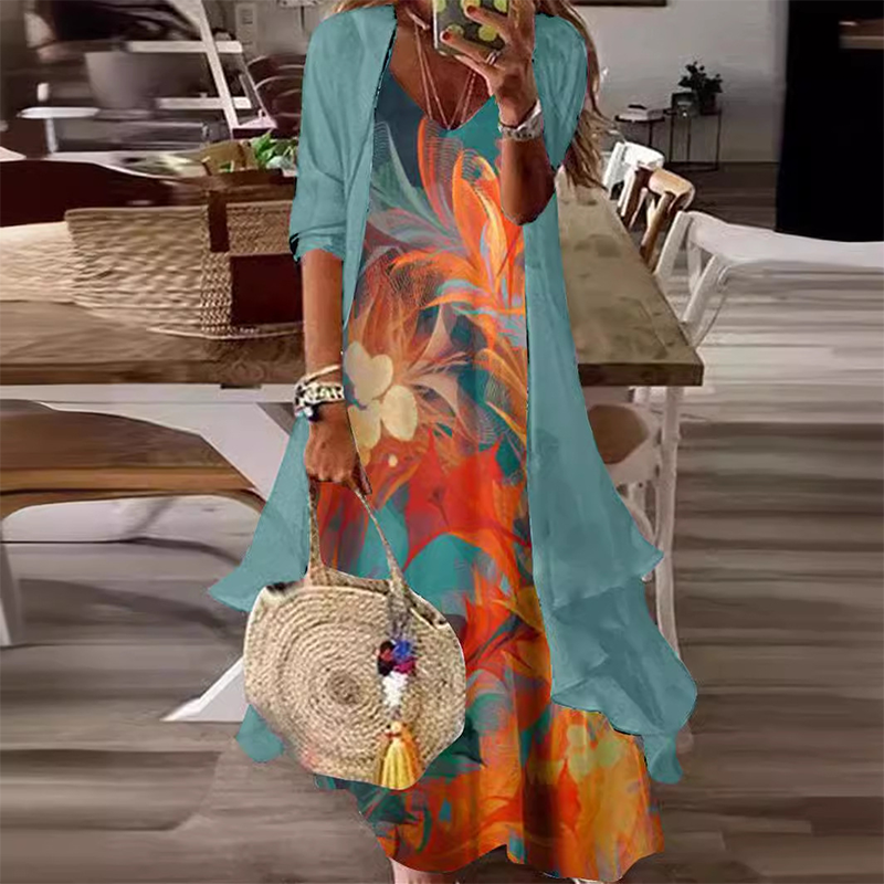 ✨👗Conjunto de vestido feminino esvoaçante estampado com sobrevestido