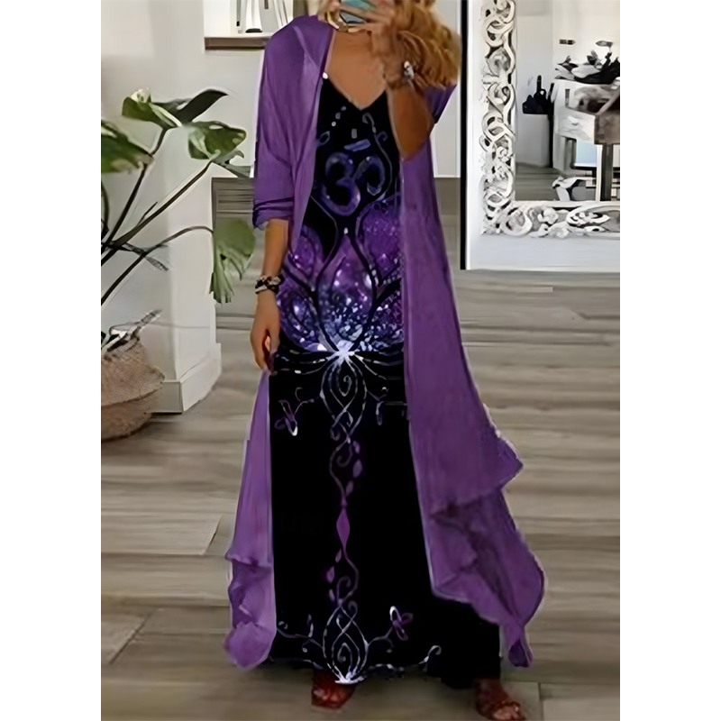 ✨👗Conjunto de vestido feminino esvoaçante estampado com sobrevestido