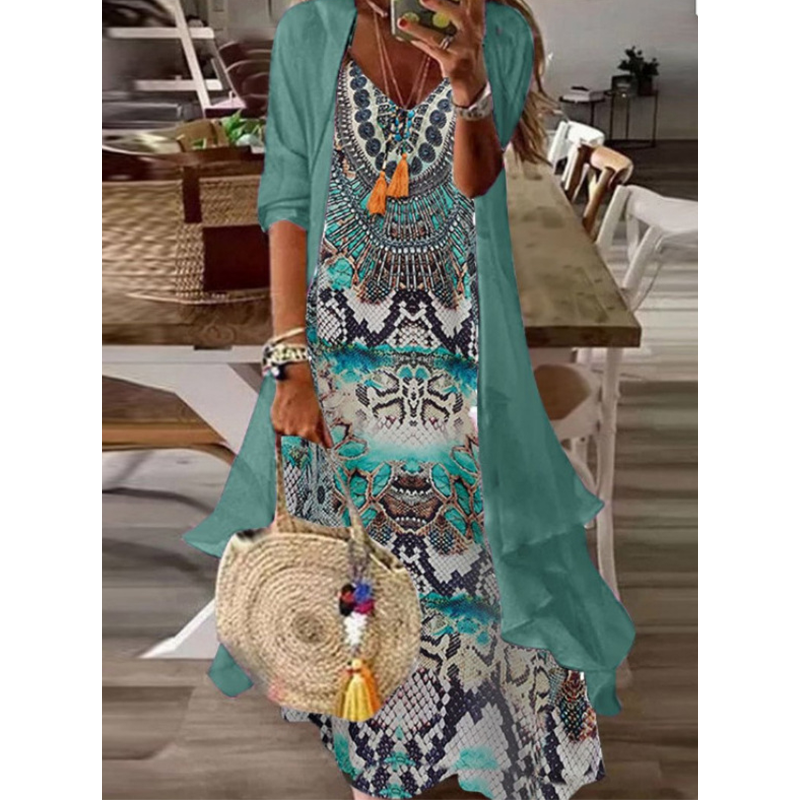✨👗Conjunto de vestido feminino esvoaçante estampado com sobrevestido