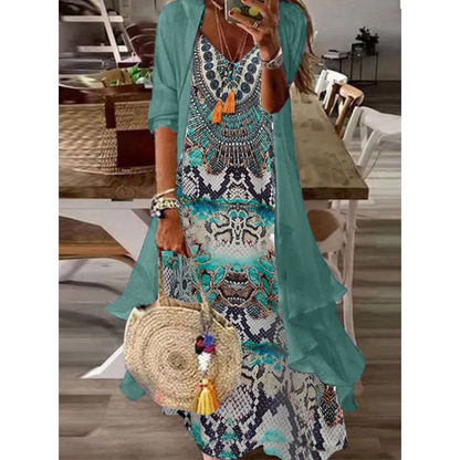 ✨👗Conjunto de vestido feminino esvoaçante estampado com sobrevestido
