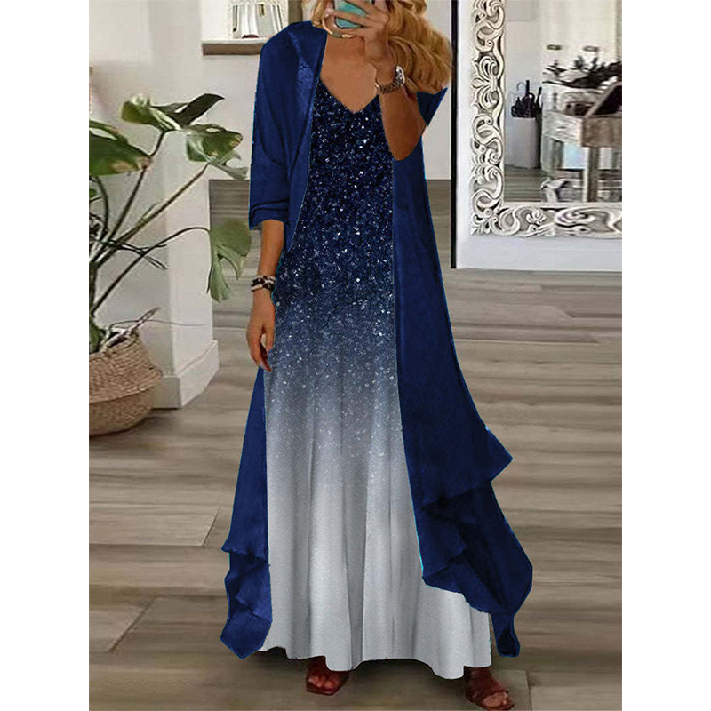 ✨👗Conjunto de vestido feminino esvoaçante estampado com sobrevestido
