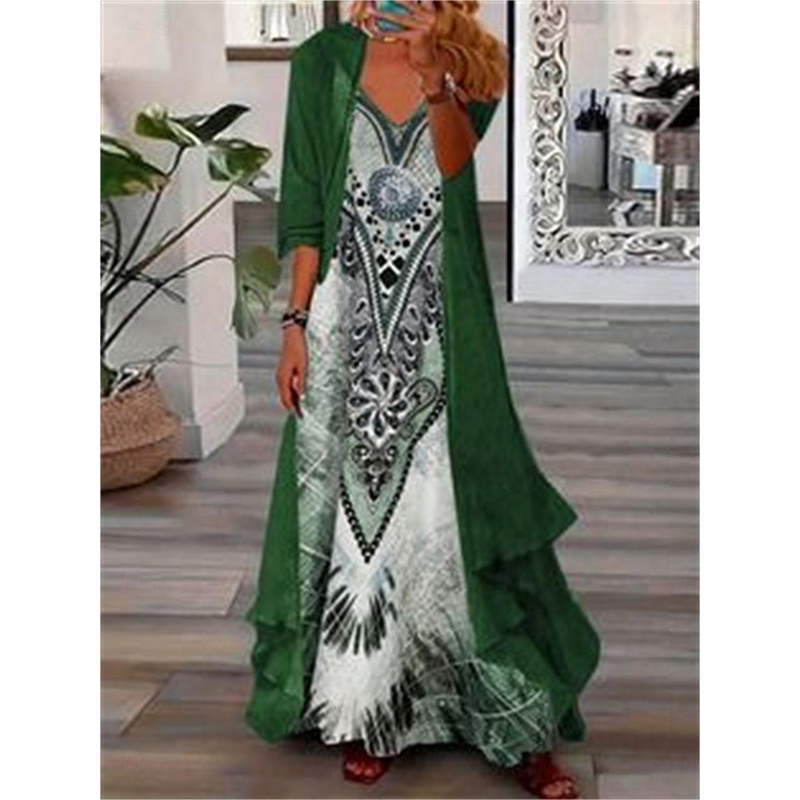 ✨👗Conjunto de vestido feminino esvoaçante estampado com sobrevestido