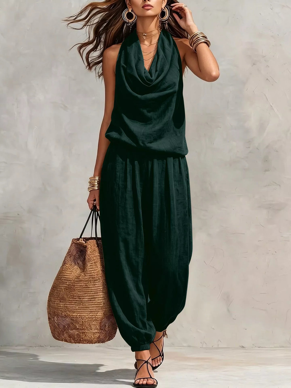 ✨💃 Fato elegante com decote halter drapeado – Silhueta descontraída com pernas largas ✨