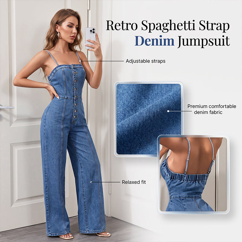 Women Spaghetti Strap Wide Leg Denim Jumpsuit