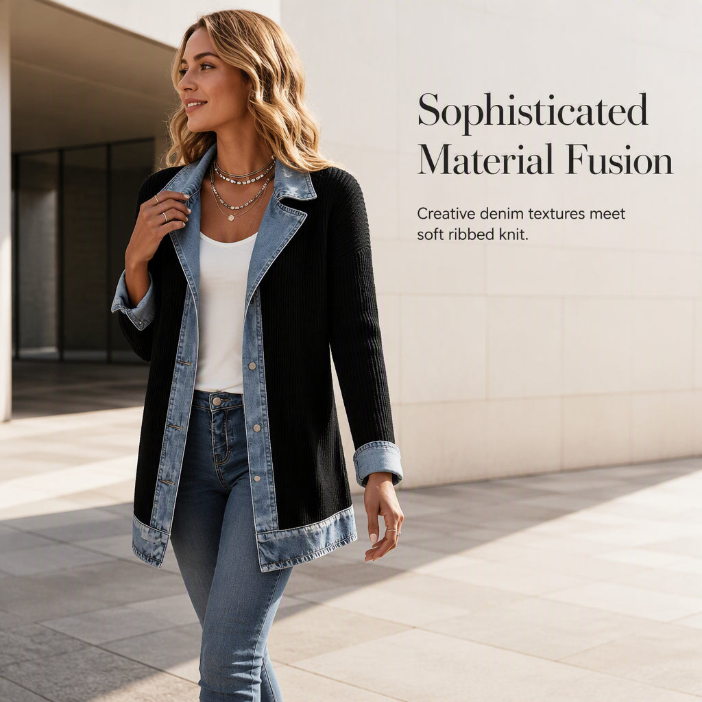 ✨👚Casaco elegante de malha canelada com detalhes em ganga para mulher