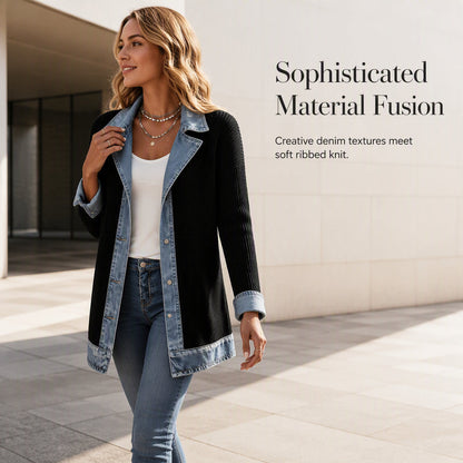 ✨👚Casaco elegante de malha canelada com detalhes em ganga para mulher