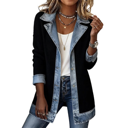 ✨👚Casaco elegante de malha canelada com detalhes em ganga para mulher