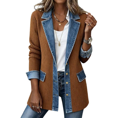 ✨👚Casaco elegante de malha canelada com detalhes em ganga para mulher