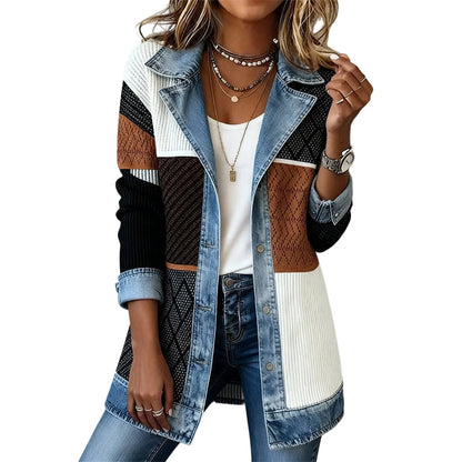 ✨👚Casaco elegante de malha canelada com detalhes em ganga para mulher