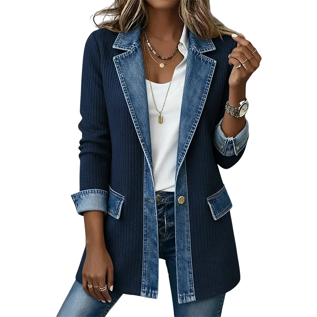 ✨👚Casaco elegante de malha canelada com detalhes em ganga para mulher