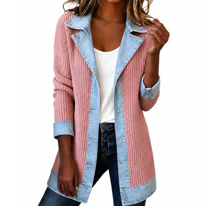 ✨👚Casaco elegante de malha canelada com detalhes em ganga para mulher