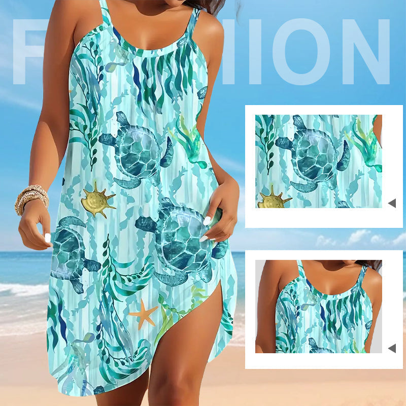 ✨👗Vestido de verão sem alças com estampado marinho, estilo praia