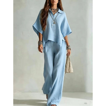✨👗Conjunto de camisa de manga curta e calças compridas para mulher