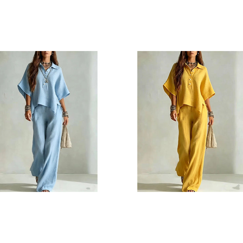 ✨👗Conjunto de camisa de manga curta e calças compridas para mulher