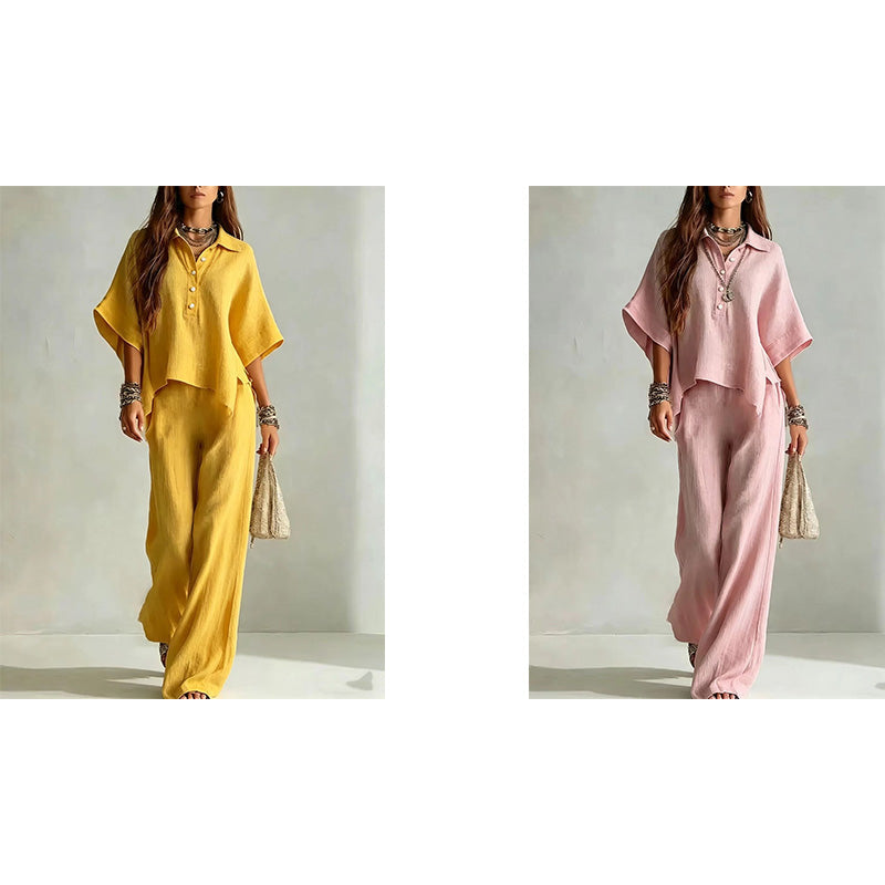 ✨👗Conjunto de camisa de manga curta e calças compridas para mulher