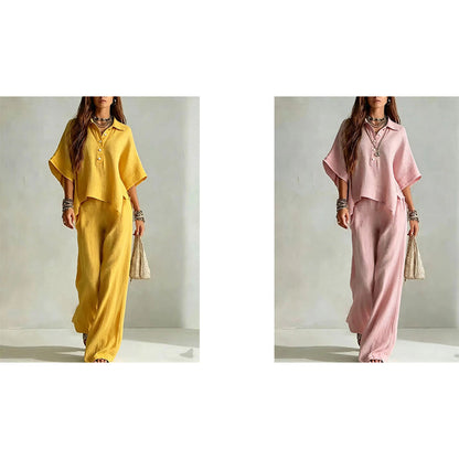✨👗Conjunto de camisa de manga curta e calças compridas para mulher