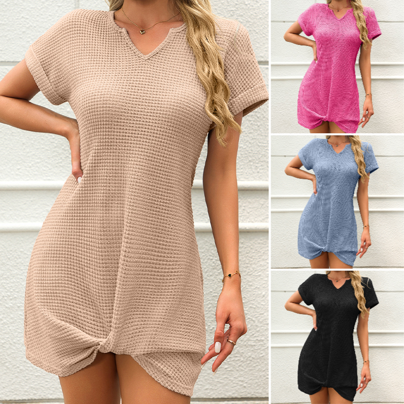 ✨👗Mini-vestido feminino de manga curta e decote em V